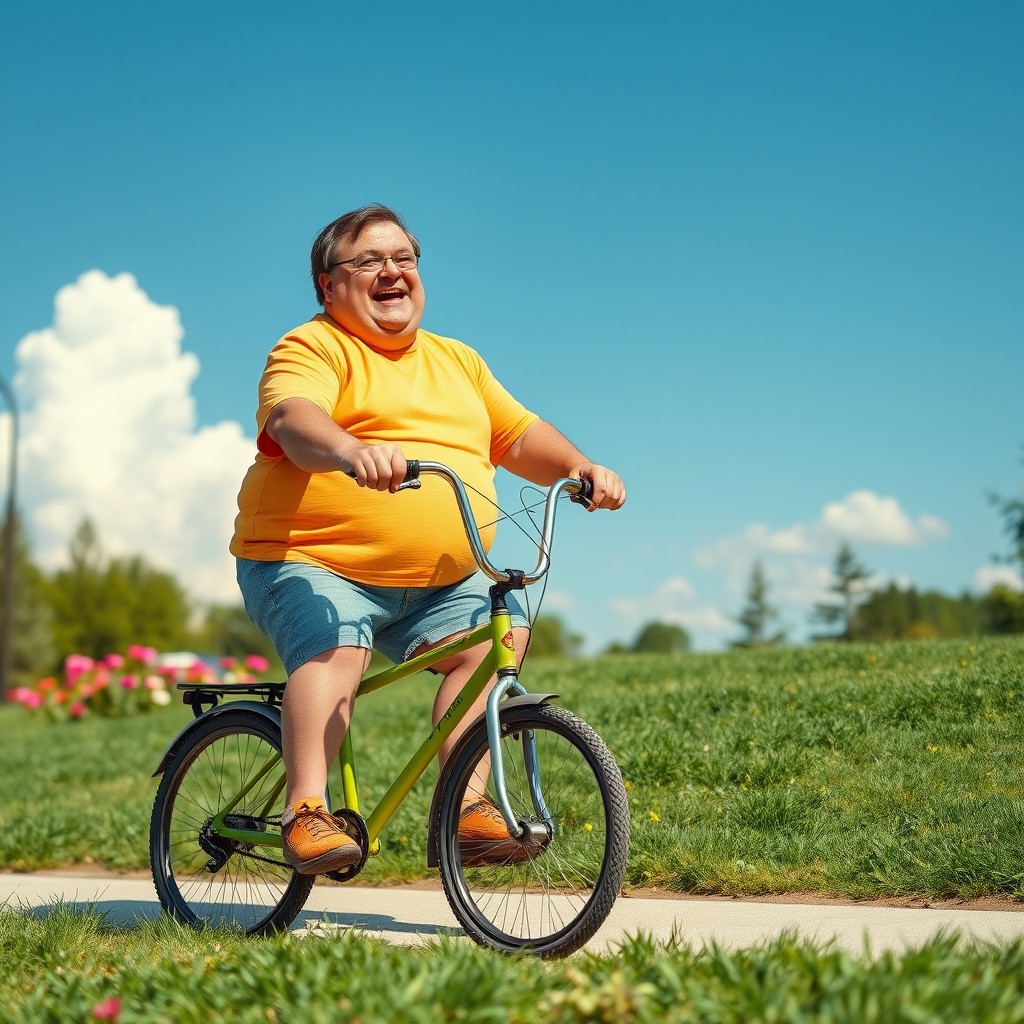 A humorous scene featuring a jovial, overweight man riding a tiny bicycle