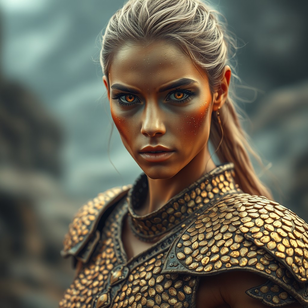A beautiful otherworldly woman with tan skin adorned with flecks of gold, featuring intense eyes that shine with golden irises