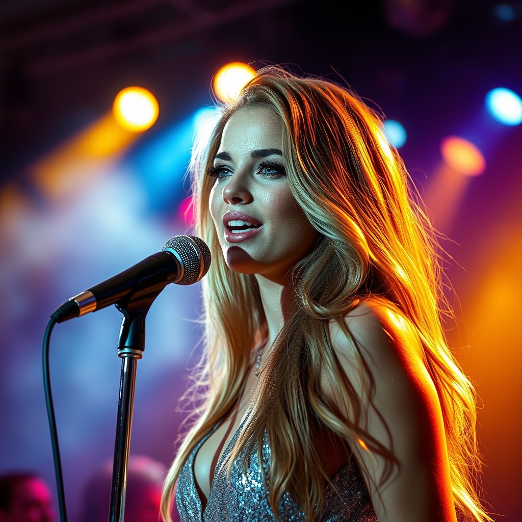 An ultra-realistic portrait of a beautiful female singer on stage, exuding charisma and talent