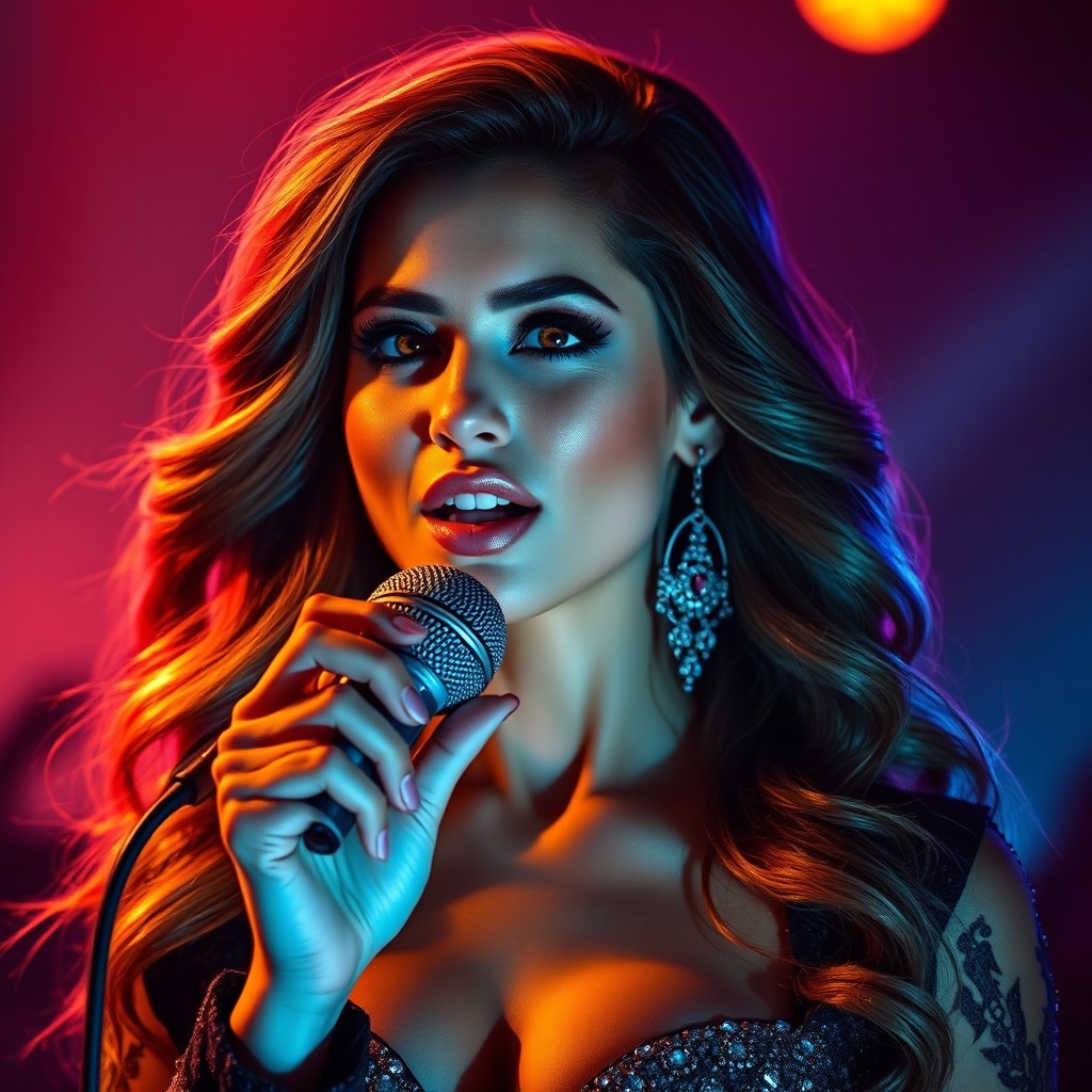 An ultra-realistic portrait of a beautiful female singer, showcasing her stunning features and captivating expression