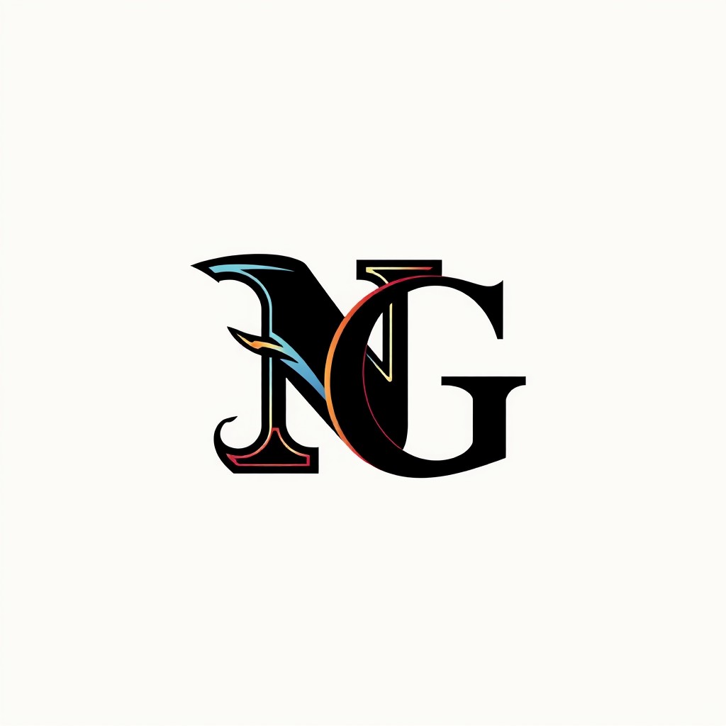 A logo design featuring two distinct letters: the letter 'N' represented in a sporty and wild style, showcasing dynamic lines and energetic curves, like those found in athletic branding or extreme sports logos; contrasted with the letter 'G', which is portrayed in an elegant and luxurious font, incorporating smooth curves and a sense of sophistication, reminiscent of high-end fashion brands