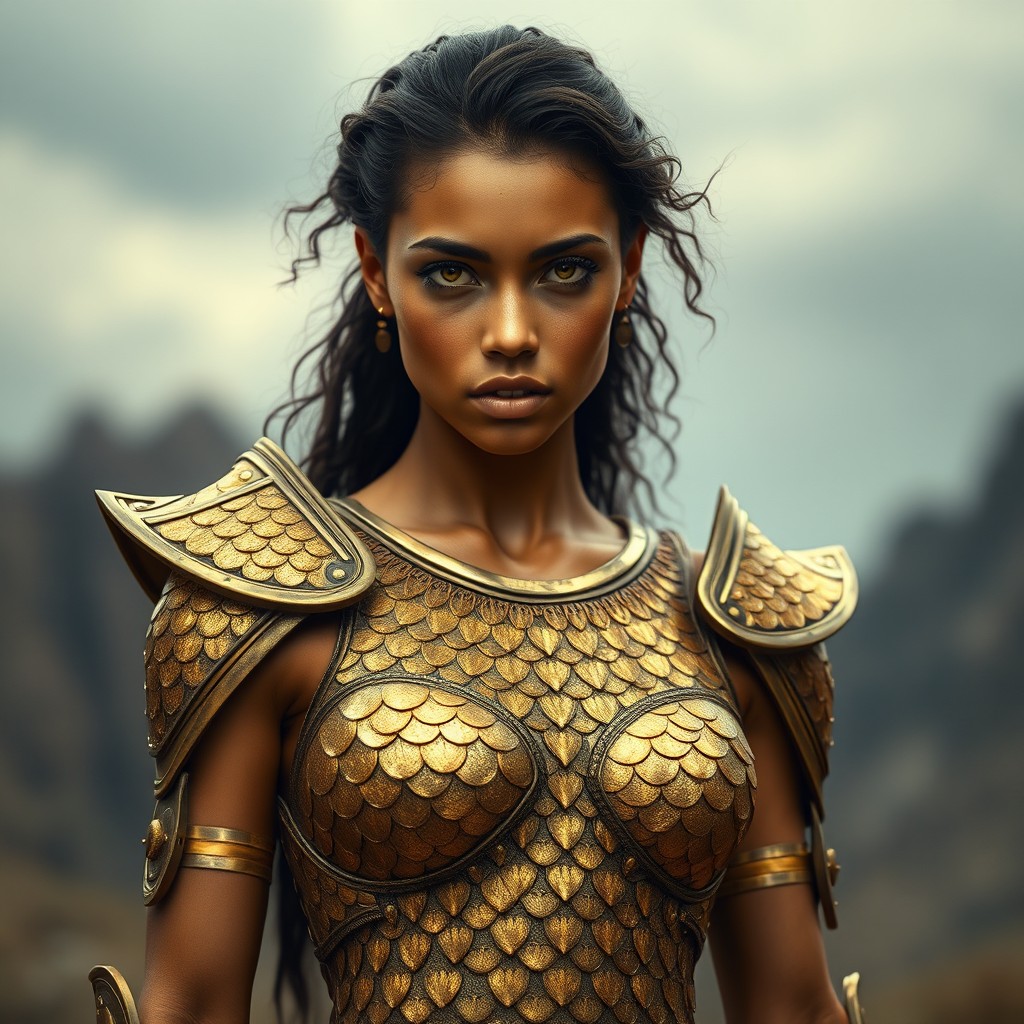 A full-body portrait of a beautiful otherworldly woman standing gracefully, showcasing her tan skin brushed with flecks of gold