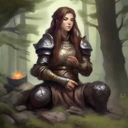 dwarven female kineticist meditates wearing her heavy armor while nature's energy surrounds her