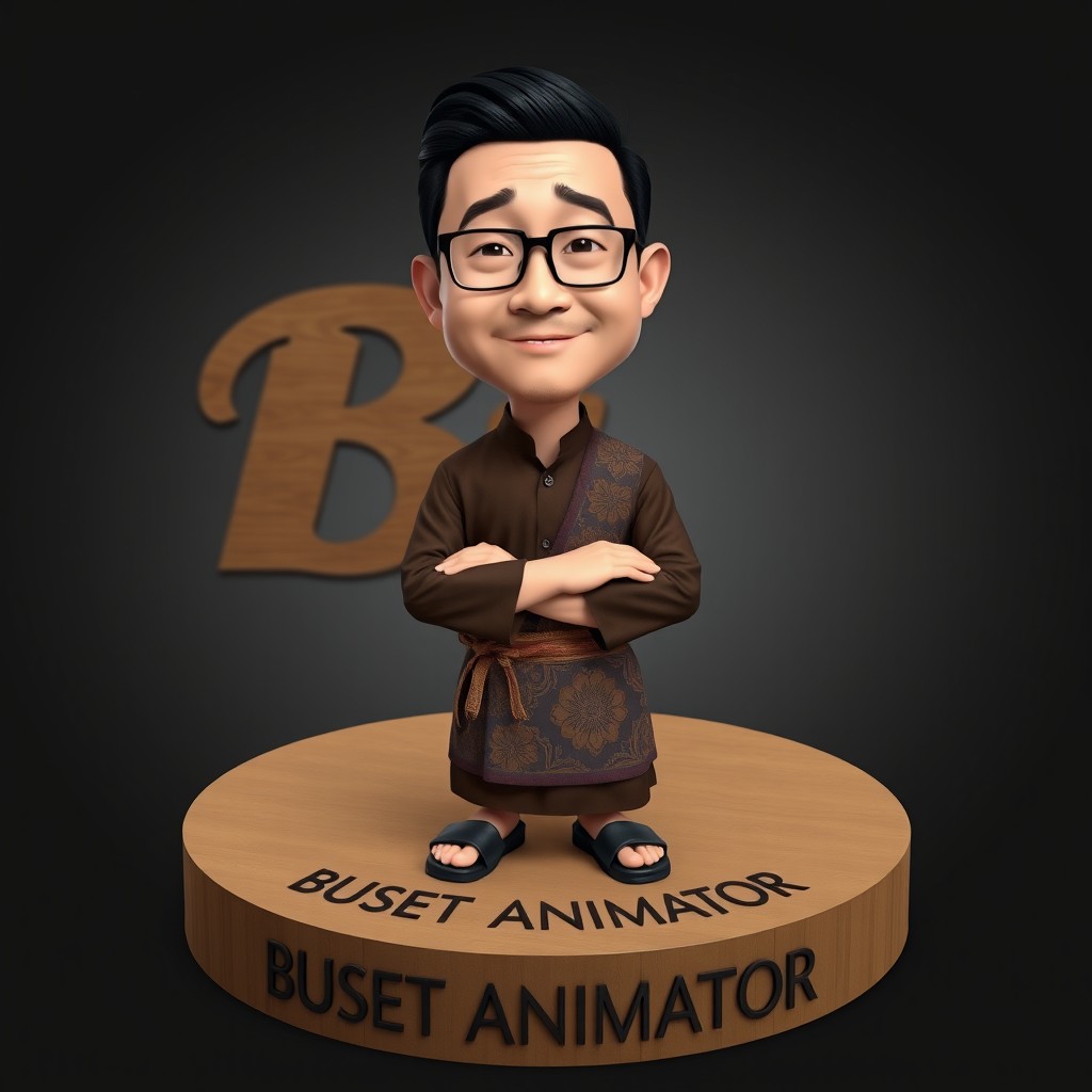 A realistic 2D caricature of a man with a clean-shaven face, wearing glasses, and showcasing Indonesian facial features