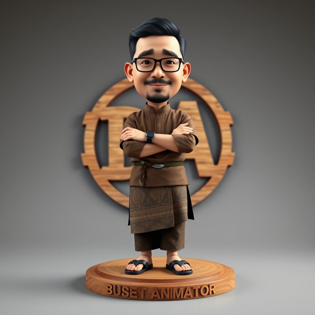 A 2D realistic caricature of an Indonesian man standing on a round wooden podium shaped like 'BUSET ANIMATOR'