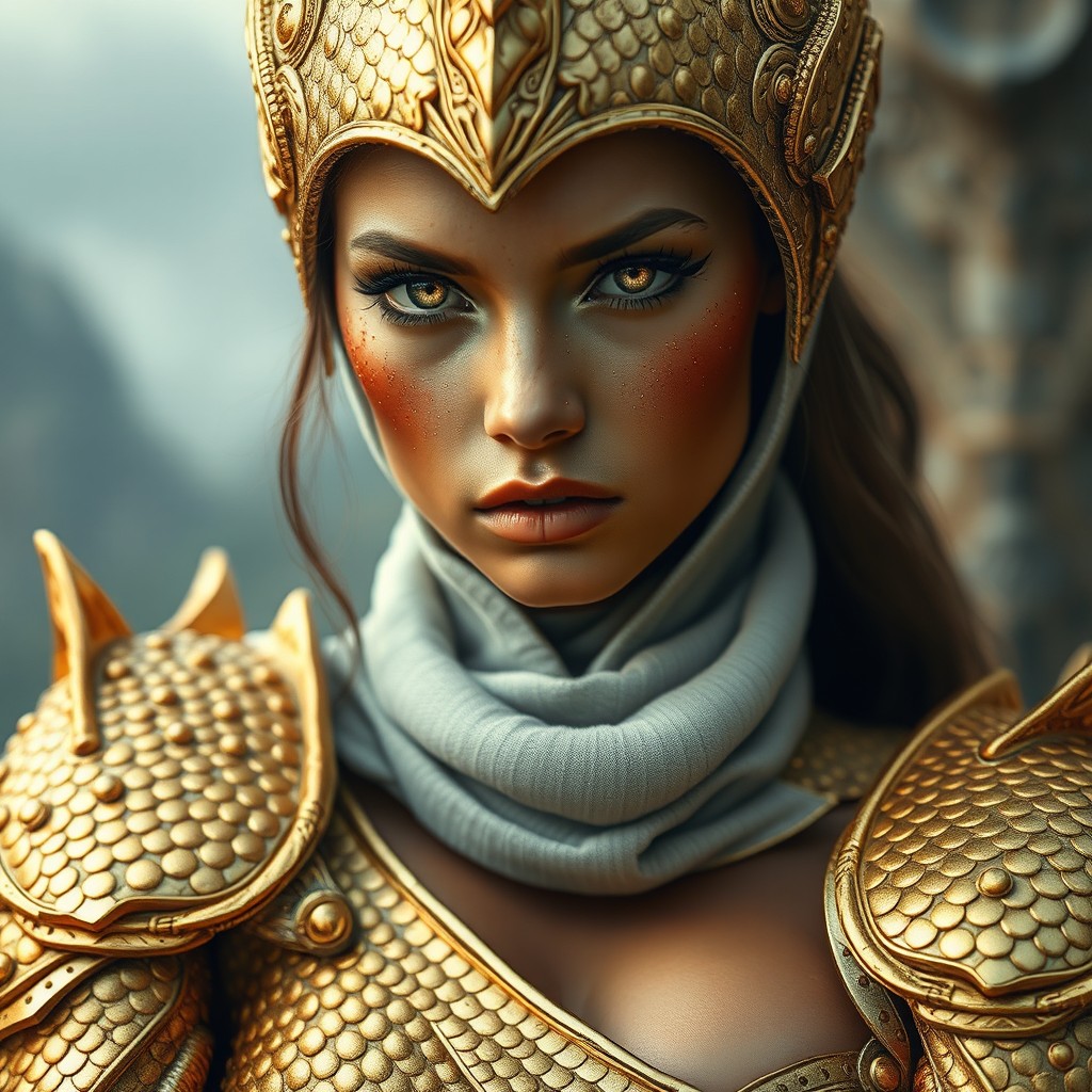 A stunning otherworldly woman with tan skin brushed with flecks of gold, showcasing intense eyes with captivating golden irises