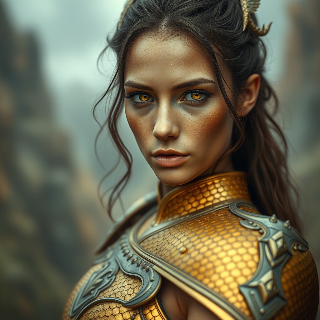 A captivating otherworldly woman with tan skin brushed with shimmering flecks of gold, showcasing intense eyes with luminous golden irises