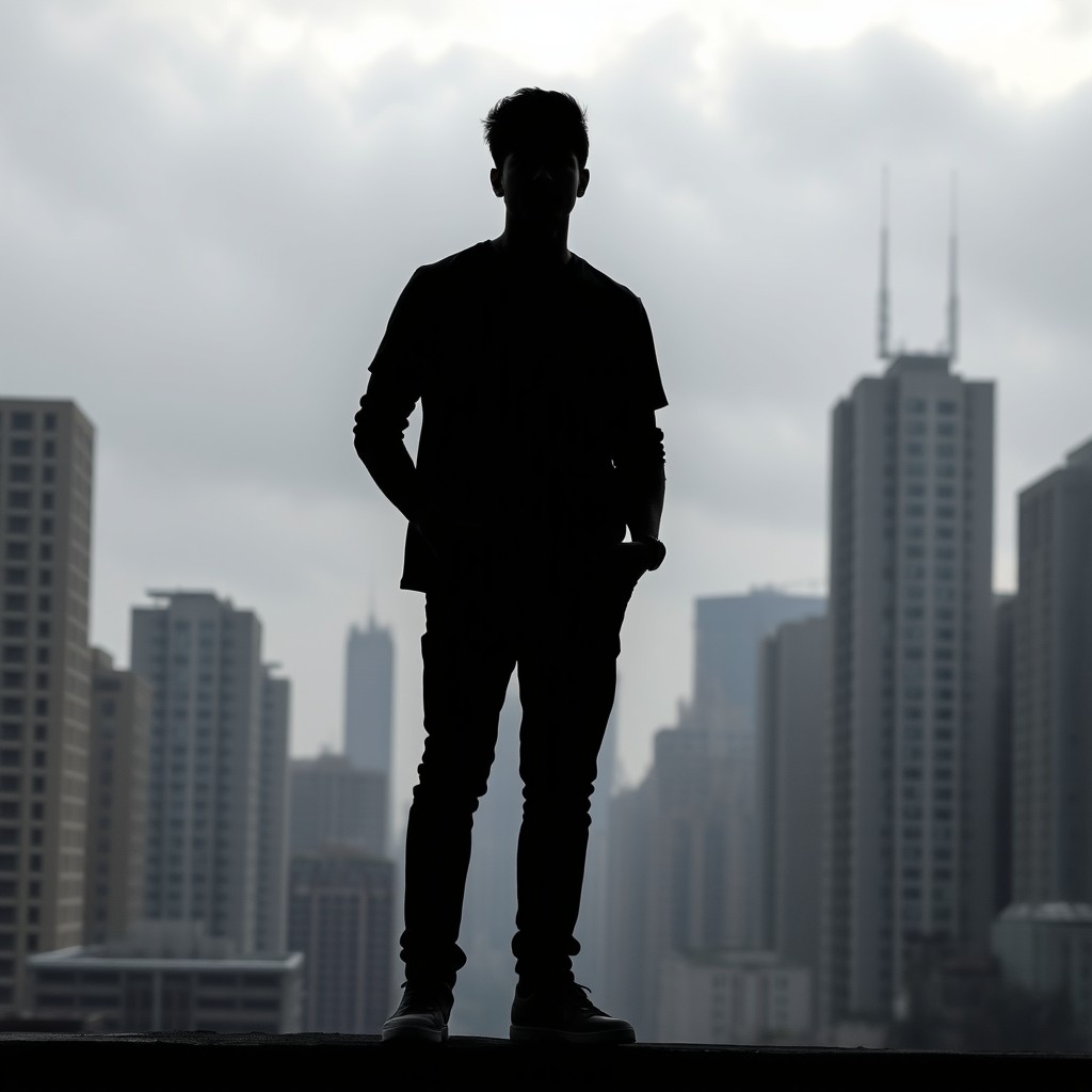 A silhouette of a young man standing confidently against the backdrop of a grey urban cityscape