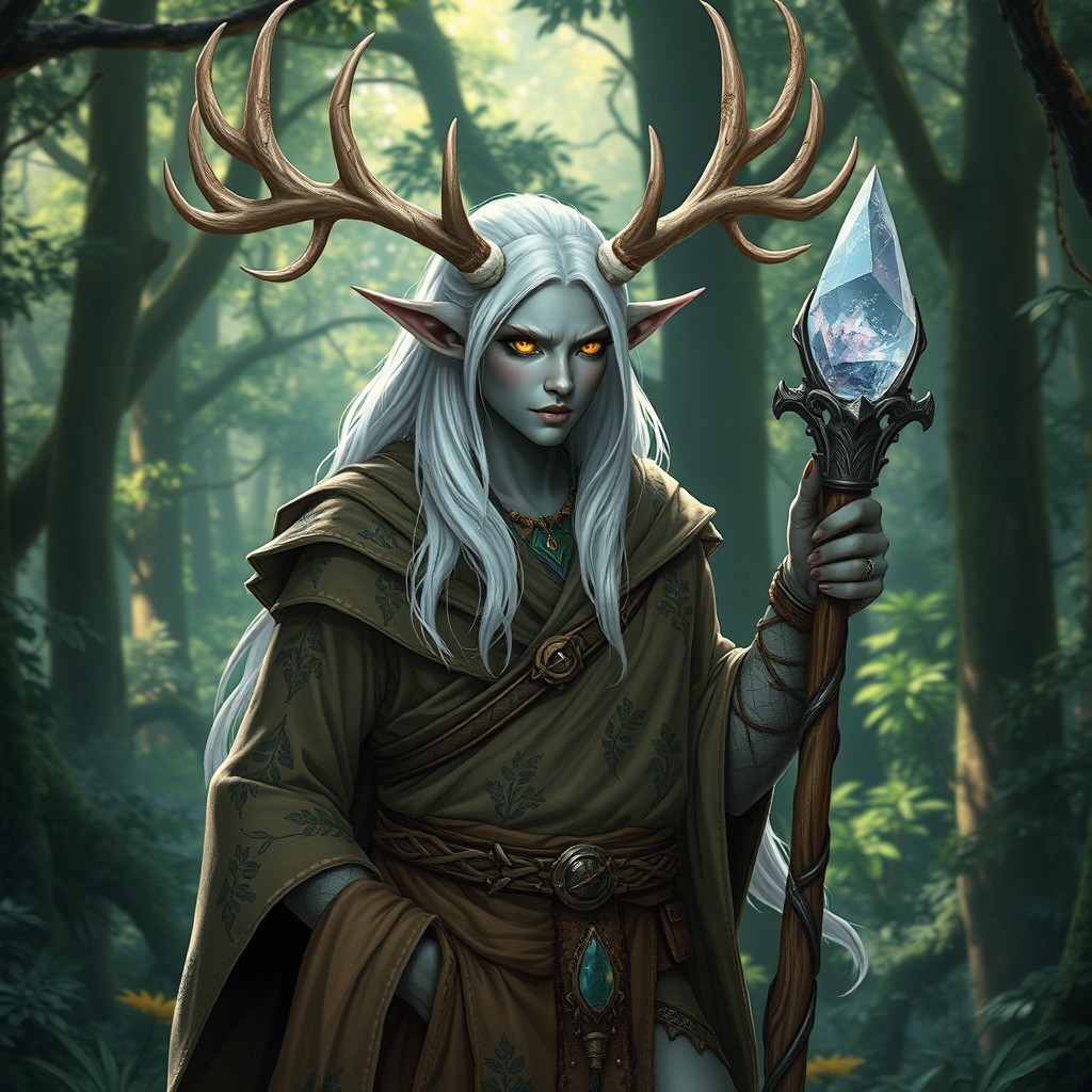 A Dungeons & Dragons character, a tiefling druid with distinct features: gray skin, golden eyes, and striking white hair