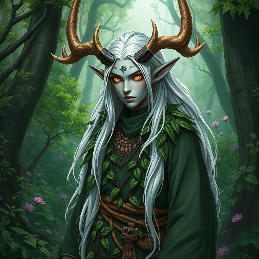 A Tiefling character in Dungeons and Dragons style, depicted as a druid