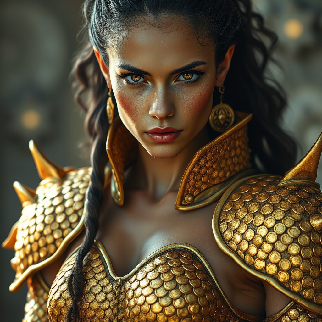 A realistic full-body image of an enchanting otherworldly woman with tan skin brushed with tiny flecks of gold, exuding ethereal beauty