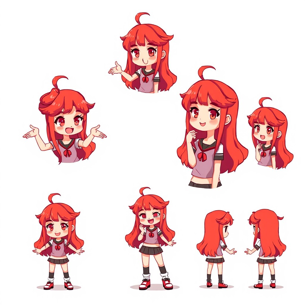 a cute pixel art girl with red hair, depicted from all angles, showcasing her hairstyle and clothes, engaging in fun poses, vibrant pixel art style, with a cheerful expression, wearing a stylish outfit that emphasizes her unique personality