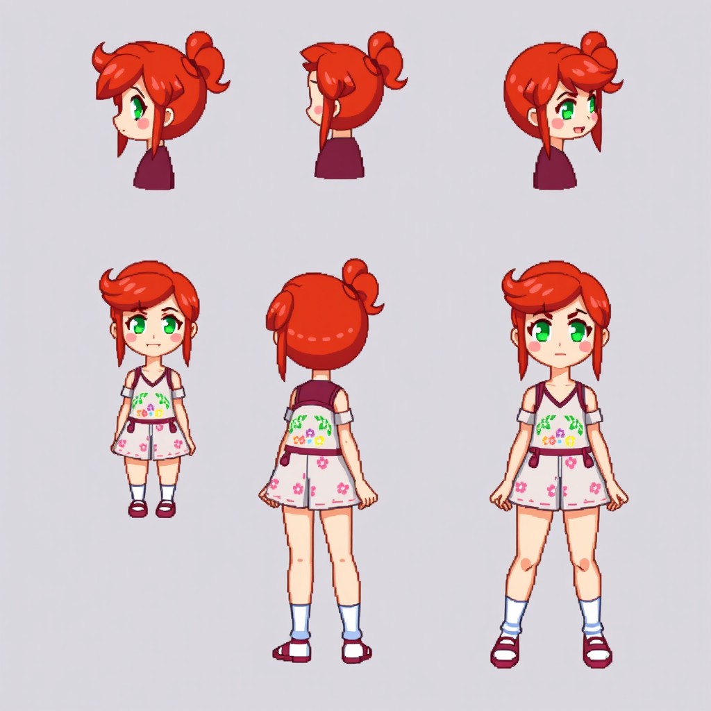 A collection of pixel art sprites featuring a red-haired girl from various angles including front, back, left, and right