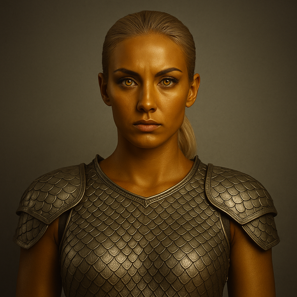 This model with golden tinged skin, hair pulled back and wearing light armor made only of tiny dragon scales without a helmet. Make her irises gold colored as well.