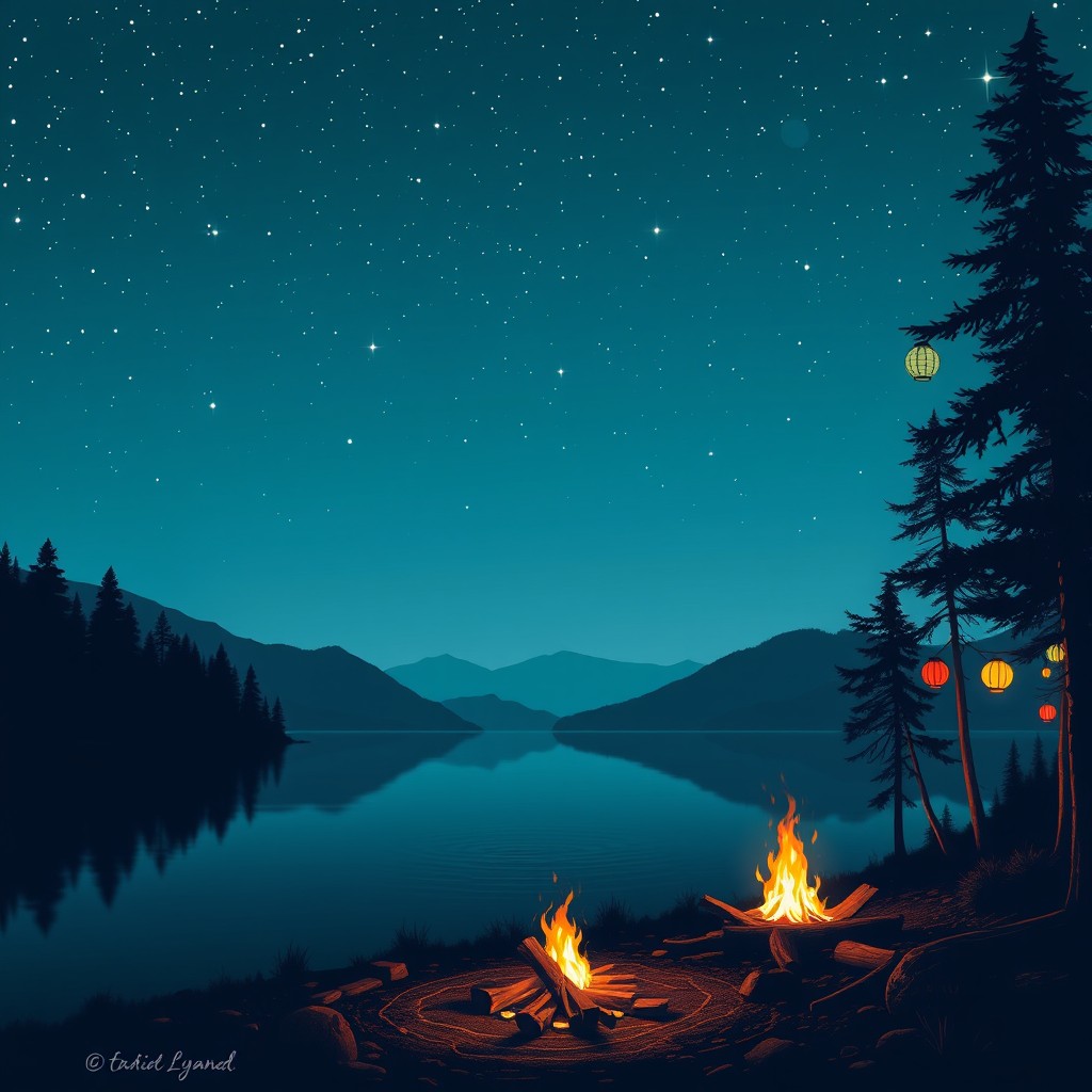 A serene ambient night scene featuring a starry sky filled with twinkling stars against a soft indigo backdrop