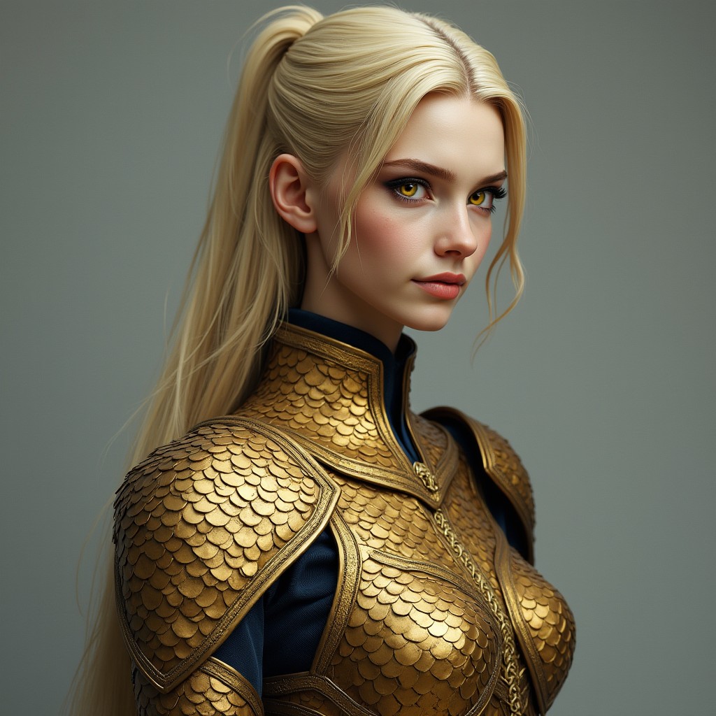 A fierce female model with golden-tinged skin and long, straight blonde hair pulled back, facing slightly to the side with a hint of a smile