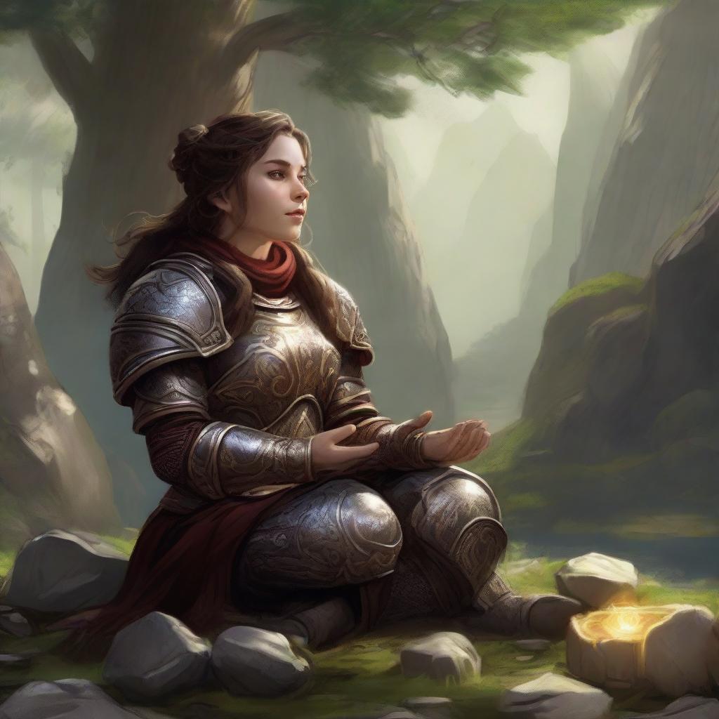 dwarven female kineticist meditates wearing her heavy armor while nature's energy surrounds her