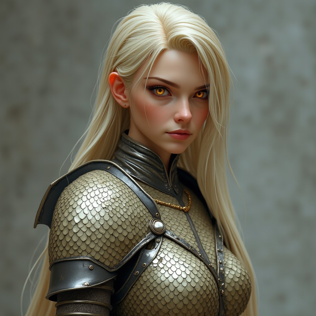 A fierce female model with slightly tanned skin and a faint golden sheen, featuring long, straight blonde hair pulled back