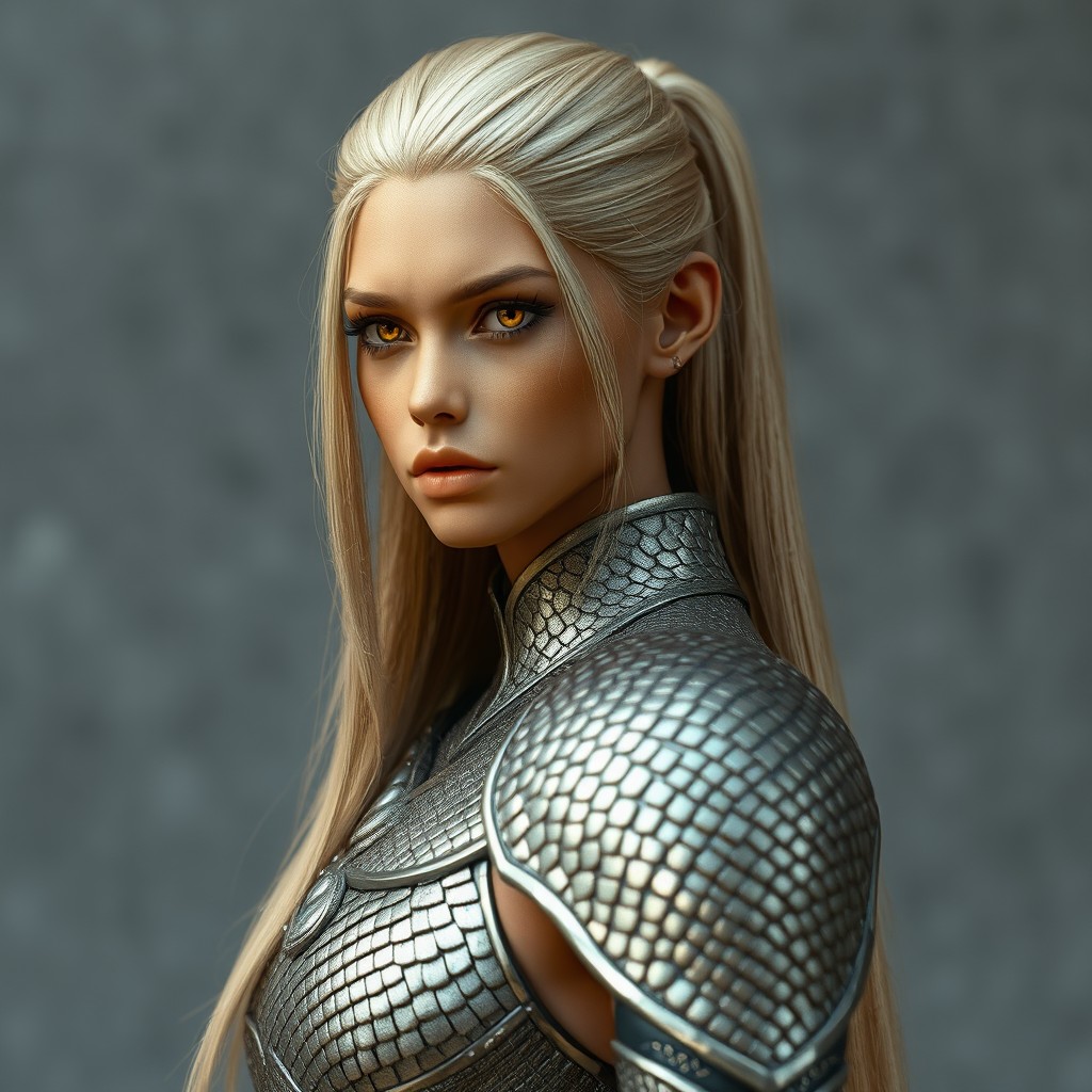 A fierce female model with golden-tinged skin and long, straight blonde hair pulled back
