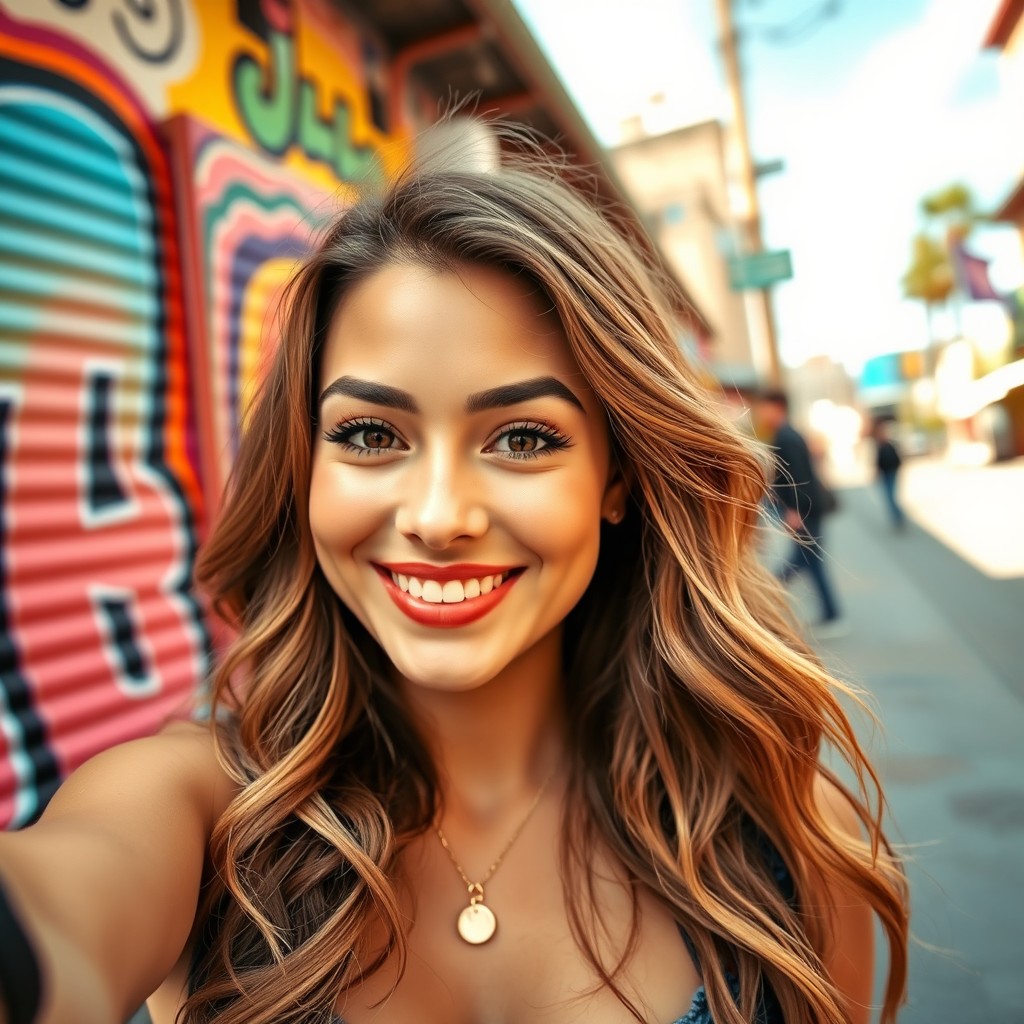 A beautiful young woman with long wavy hair, playful expression, and bright smile taking a selfie