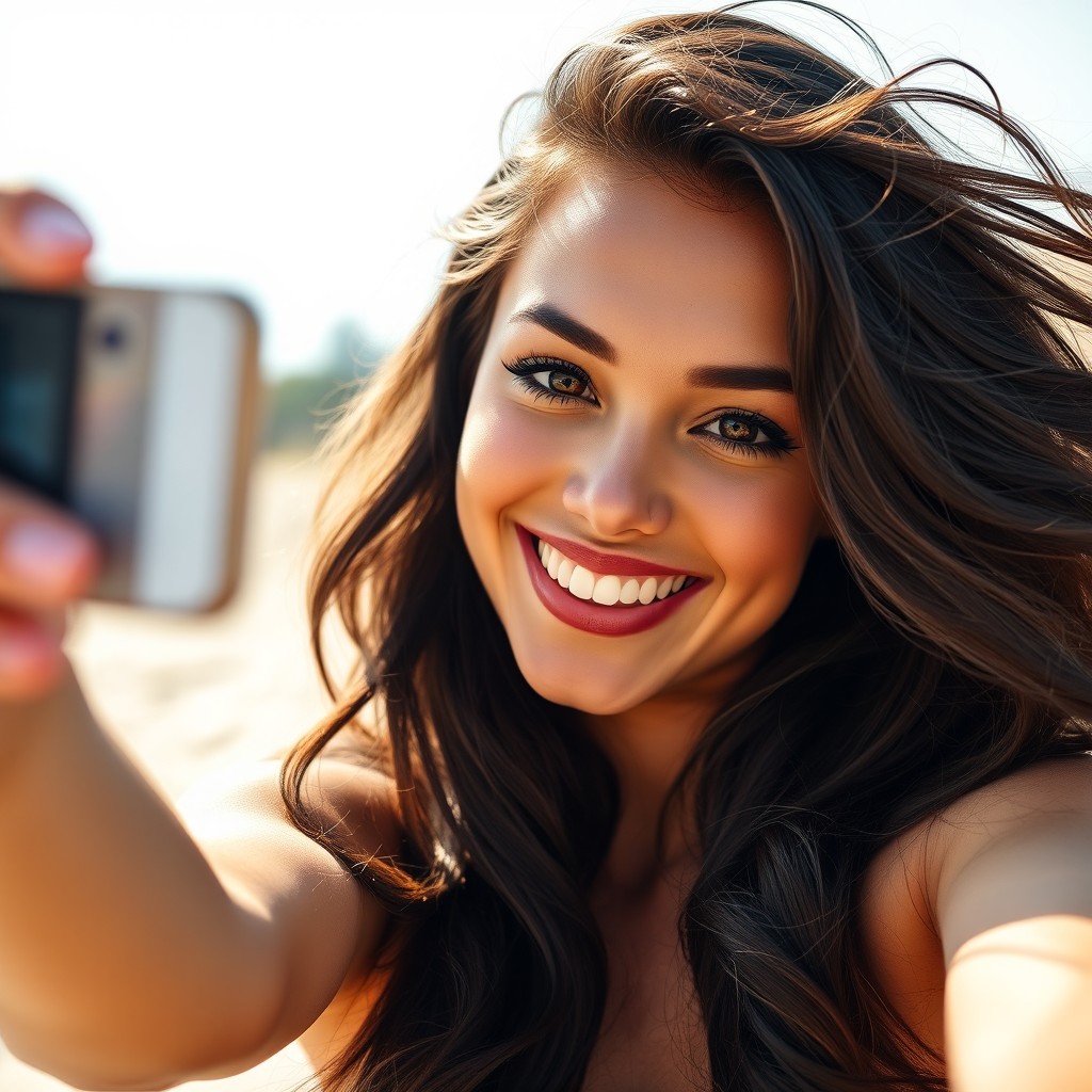 A beautiful young woman taking a selfie, smiling warmly at the camera