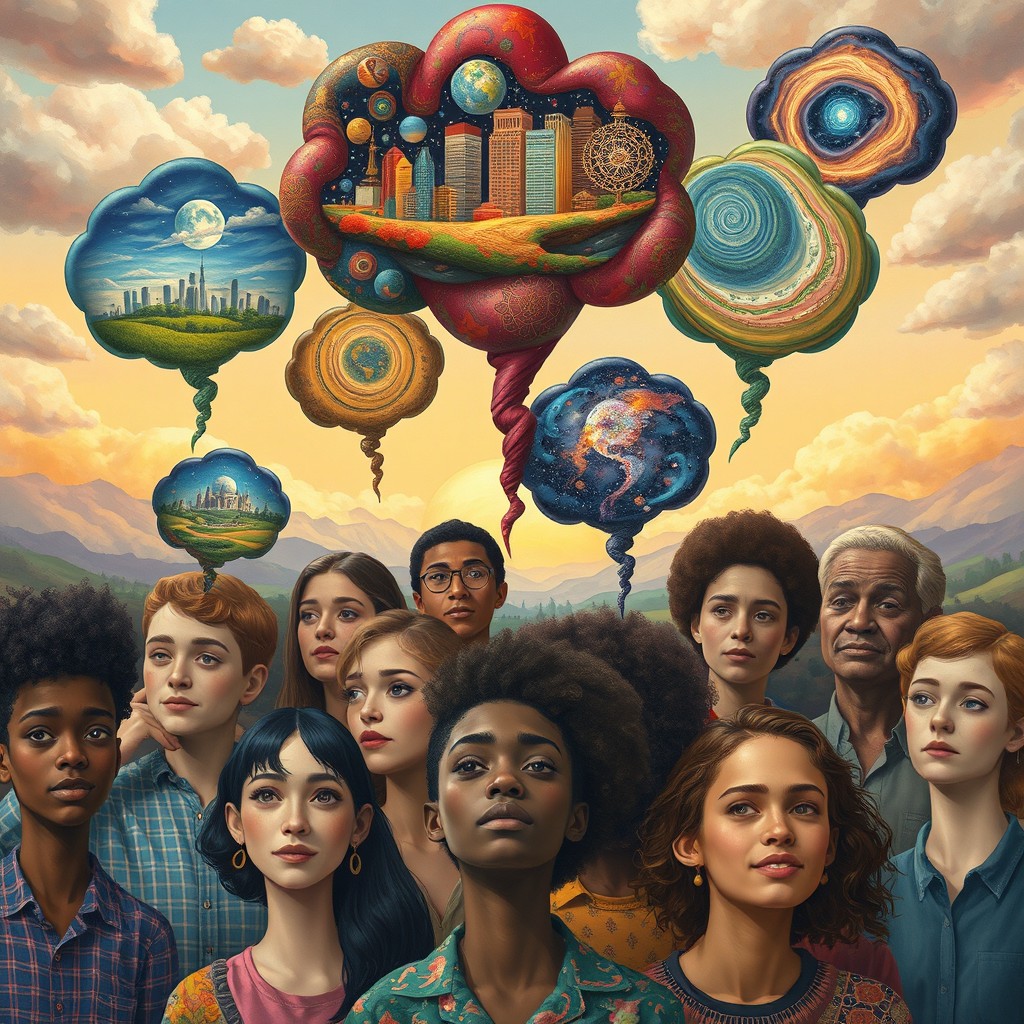 A surreal artistic representation of diverse individuals, each displaying unique thought bubbles above their heads, filled with vibrant and abstract ideas