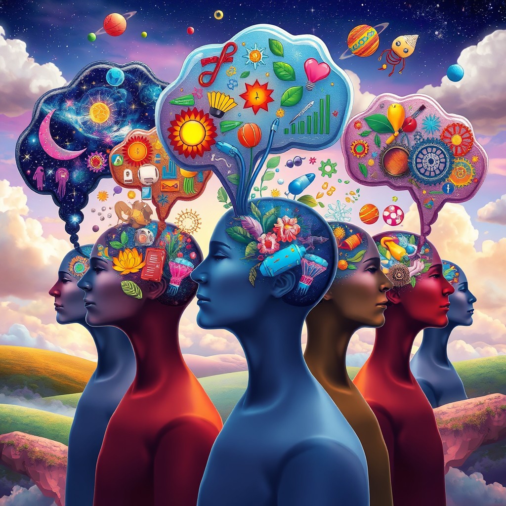 A surreal and imaginative scene depicting several individuals, each with a transparent head revealing vibrant and colorful thought bubbles filled with various symbols, ideas, and emotions