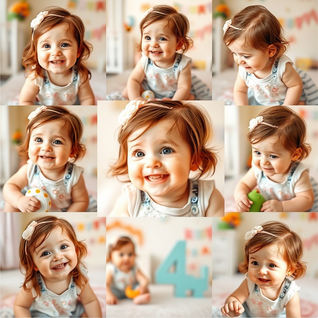 A heartwarming collage showcasing a 4-month-old baby girl with adorable brown hair, featuring multiple candid moments of her smiling, playing, and exploring her surroundings