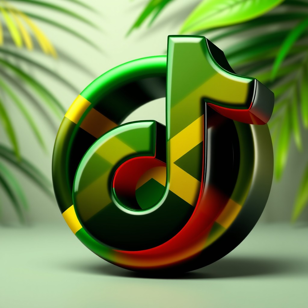 A 3D design of the TikTok logo creatively rendered in the vibrant colors of the Jamaican flag, featuring green, yellow, and black