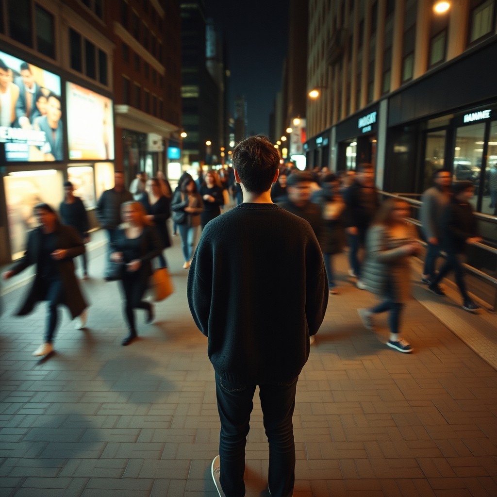A cinematic overhead shot featuring a person standing still on a brick city sidewalk, dressed in a dark oversized sweater