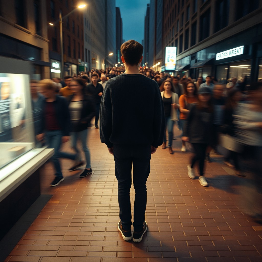 Cinematic overhead shot of a person standing still on a brick city sidewalk, wearing a dark oversized sweater