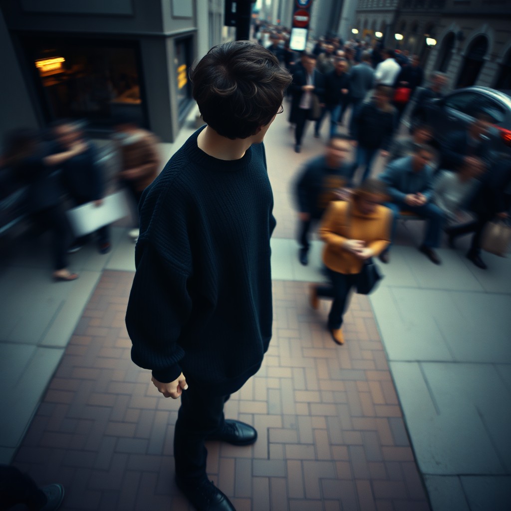 Cinematic overhead shot of a person standing still on a brick city sidewalk, wearing a dark oversized sweater