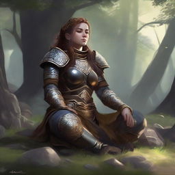 dwarven female kineticist meditates wearing her heavy armor while nature's energy surrounds her