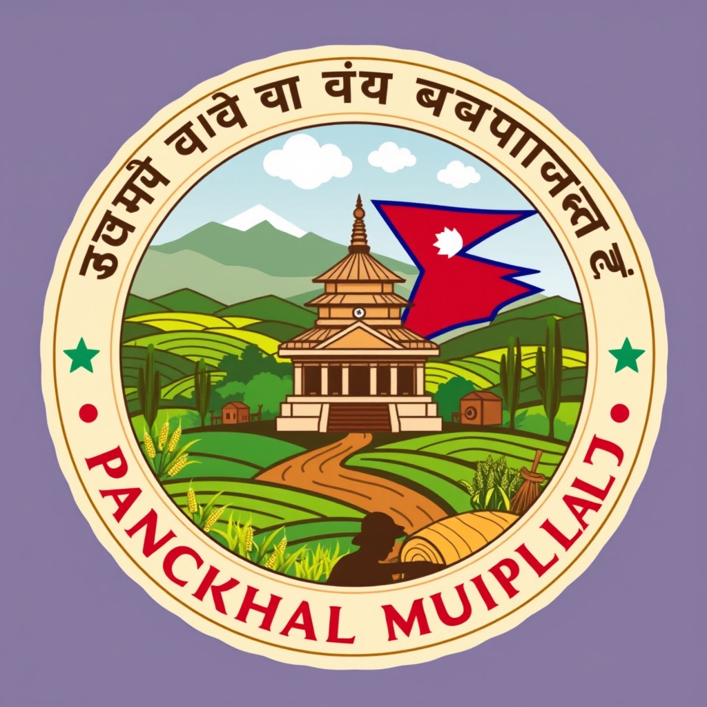 A round, stamp-style logo reflecting the cultural, religious, and agricultural identity of Panchkhal Municipality, Nepal