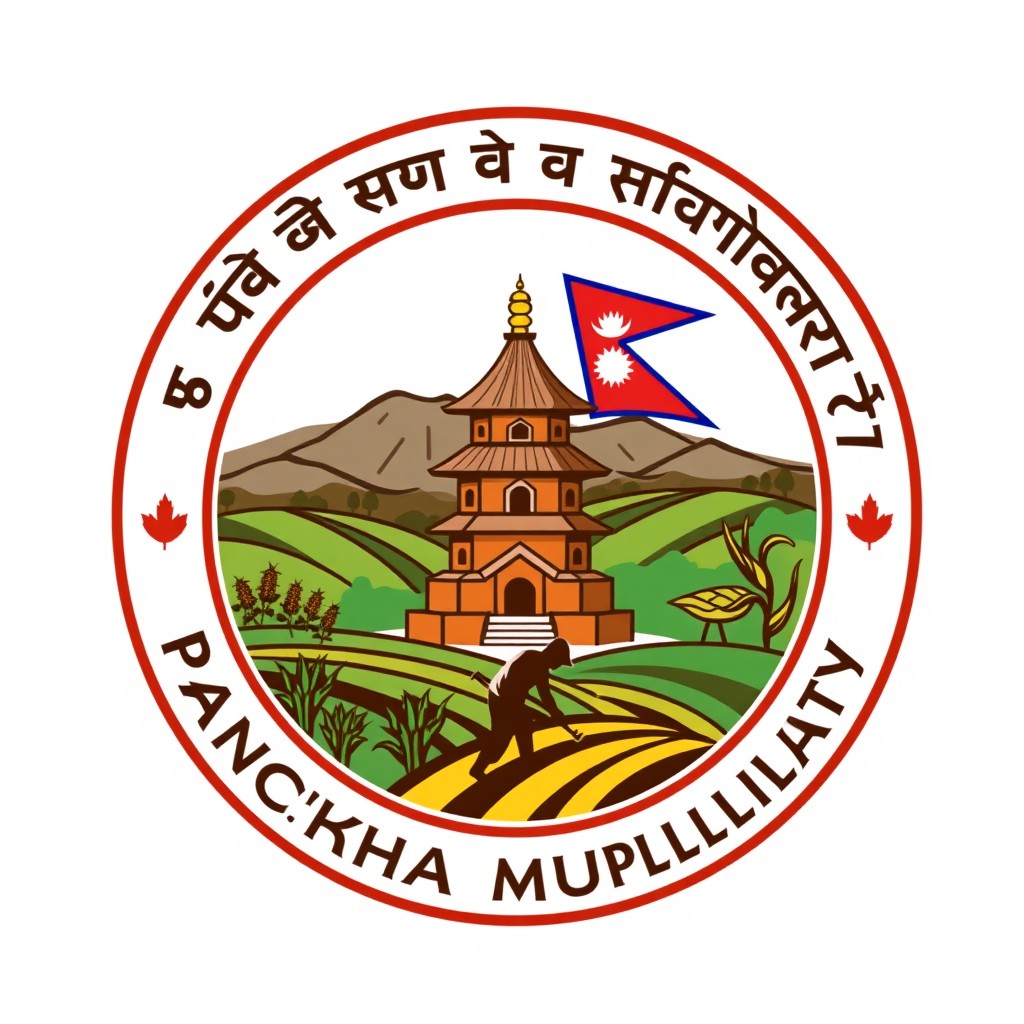 Design a round, stamp-style logo that captures the cultural, religious, and agricultural identity of Panchkhal Municipality, Nepal