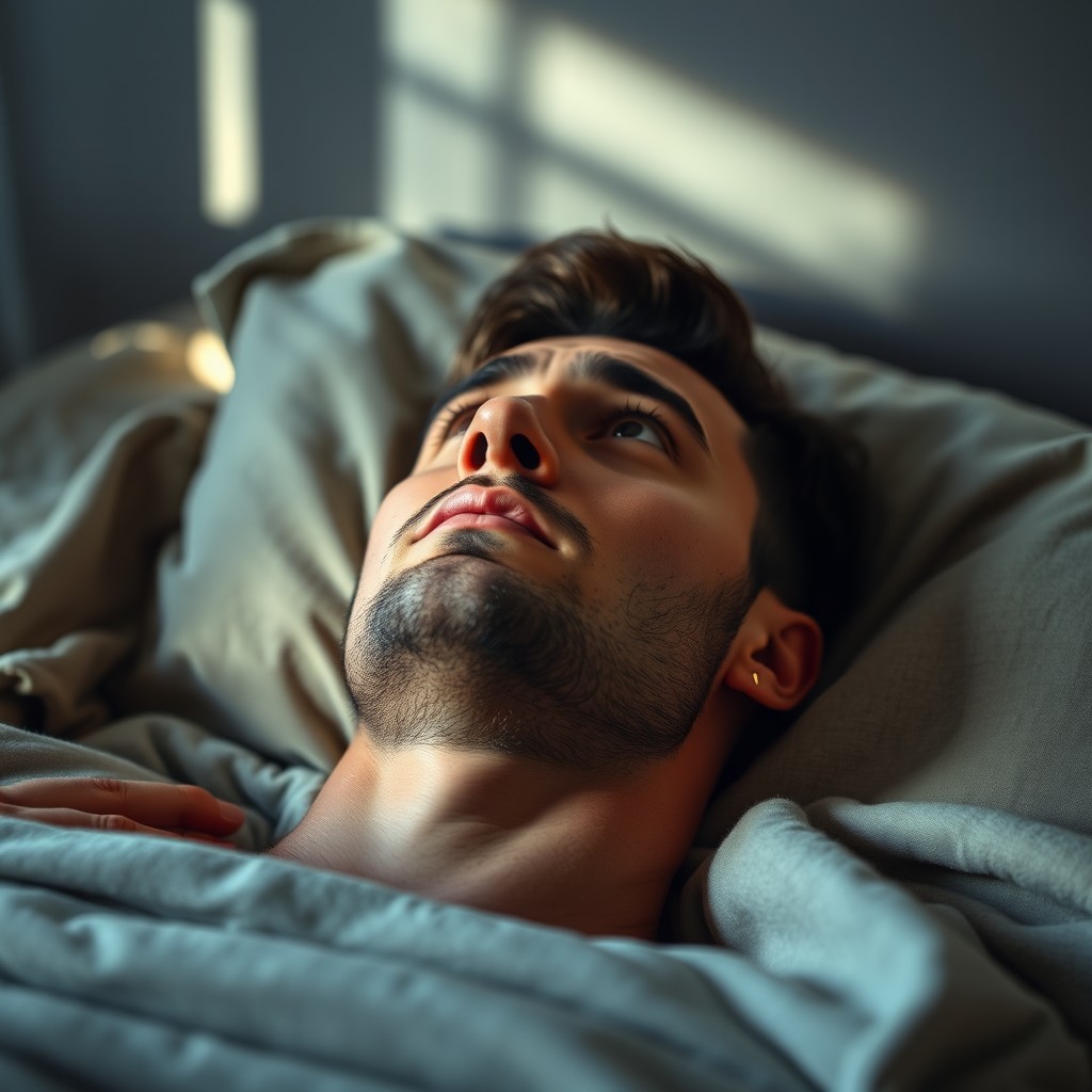 A handsome man lying on his bed, deep in prayer