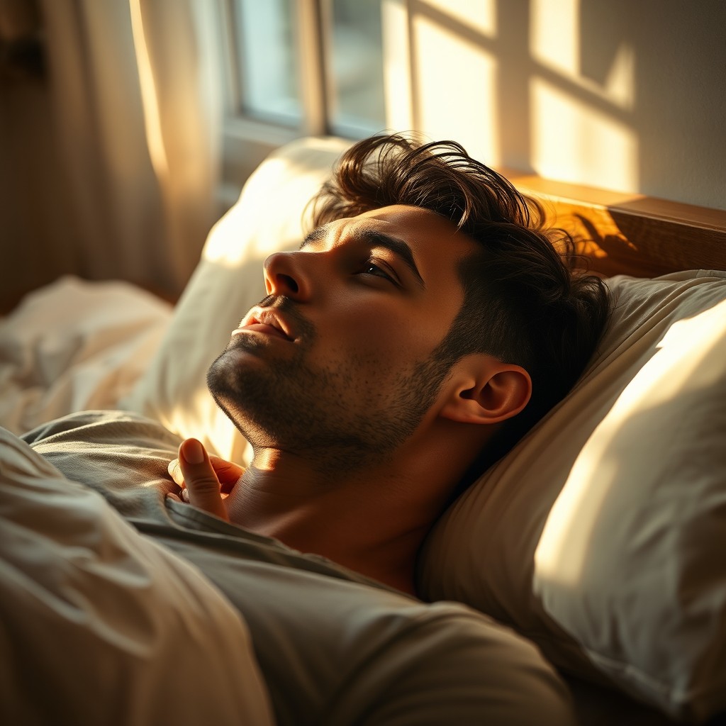 A handsome man lying on his bed, engaged in prayer