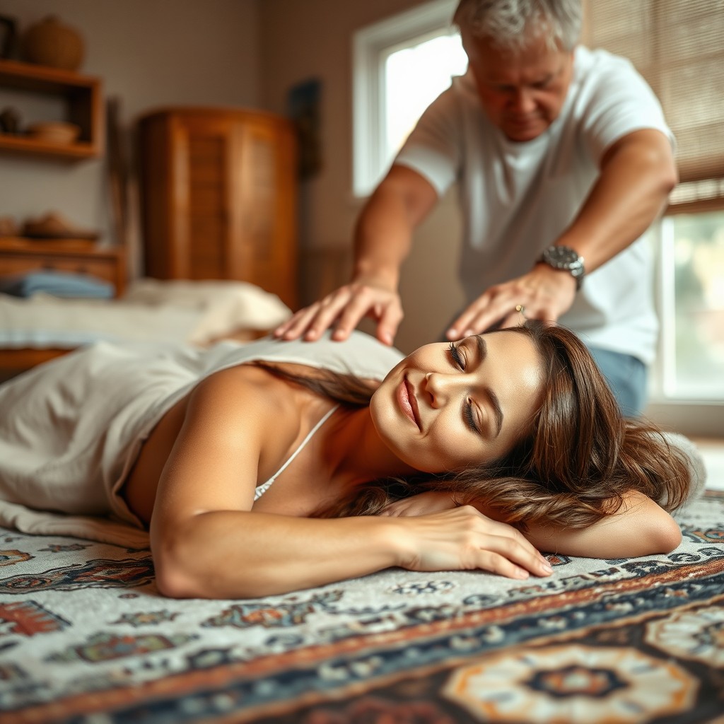 A portrait of a woman relaxing on a carpet in a simple home, dressed in a comfortable dress, enjoying a massage from an older male massage therapist