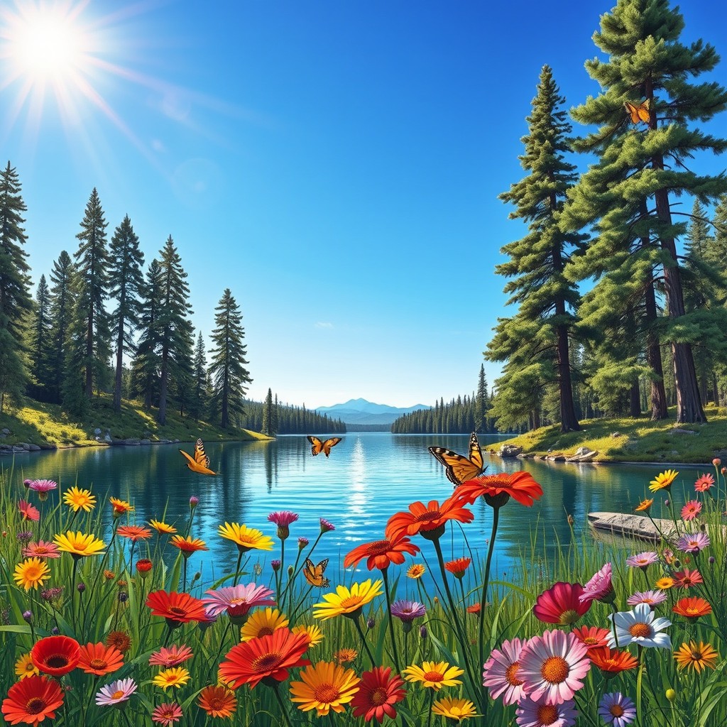 A beautifully realistic coloring image showcasing a serene nature scene, featuring a tranquil lake surrounded by tall pine trees under a clear blue sky