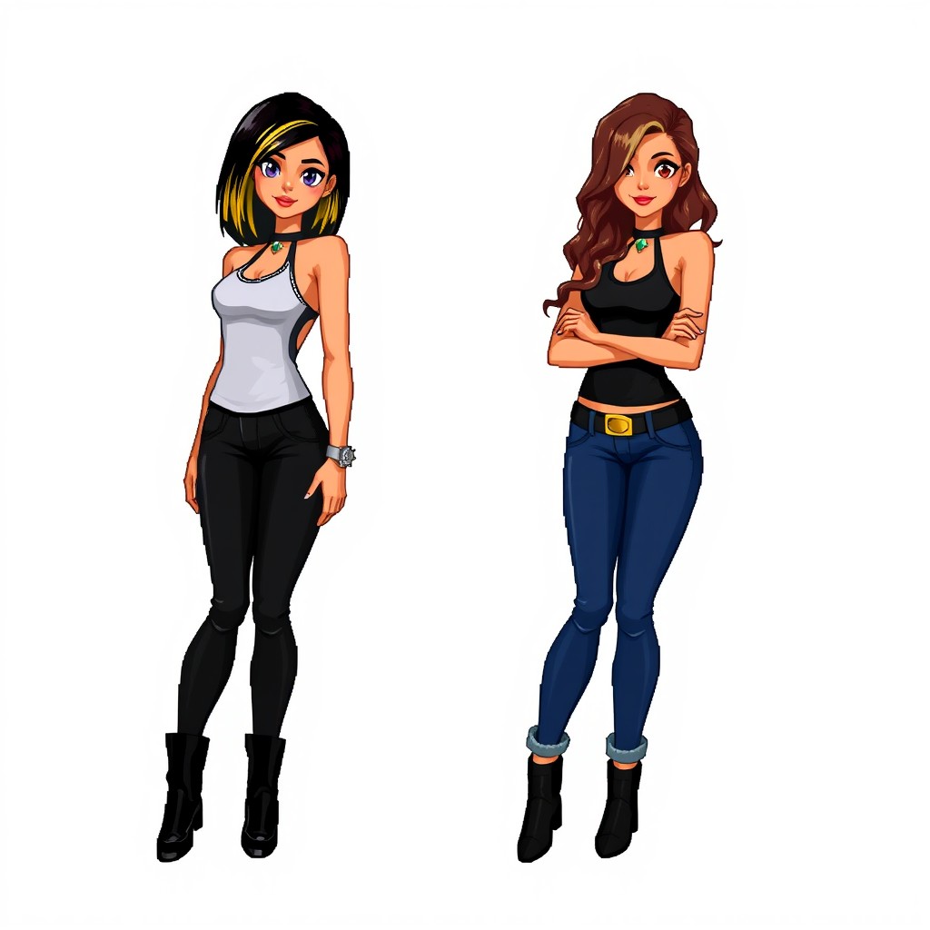 Two pixel art video game sisters designed as full body sprites