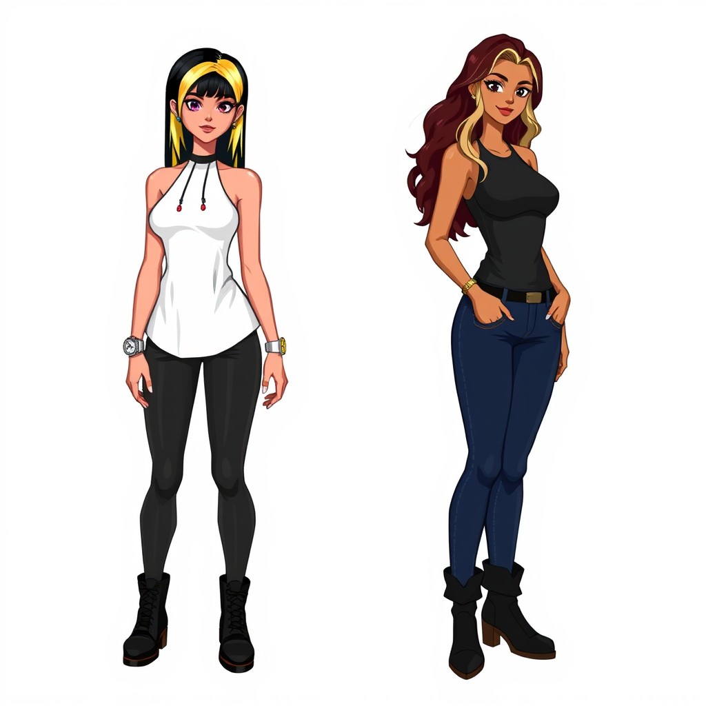 Two video game sisters designed in a stylized pixel art style within a pixel universe