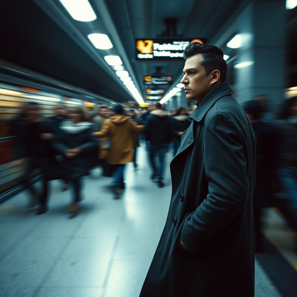 A slow-motion cinematic side profile shot of an individual walking confidently against a rushing metro station crowd