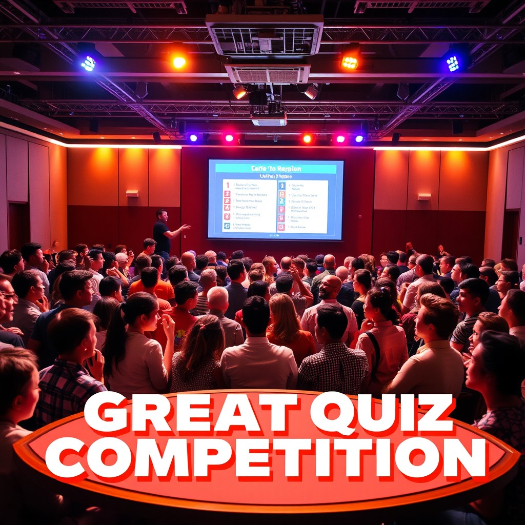 Explore the boundaries of your knowledge at the Great Quiz Competition! Are you ready for the challenge? Join us for an exciting and interactive program where your mind ignites and fun is guaranteed! Become the hero of our team and compete against other quiz enthusiasts with thrilling questions and team-building activities! The scene shows an enthusiastic group of diverse participants gathered in a lively quiz competition environment, filled with energy and excitement