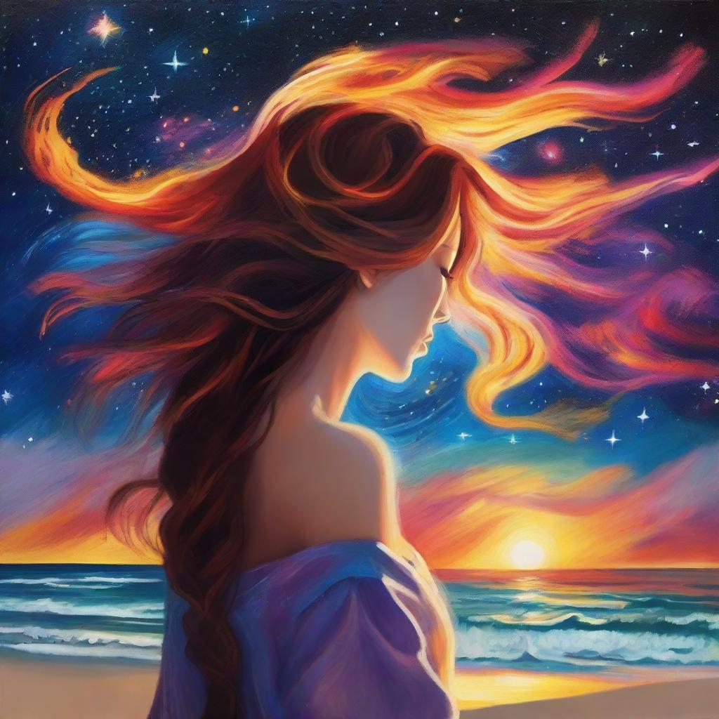 Craft a captivating drawing of a side-profile woman with hair as bright as flames, situated on a beach at sunset, with the spectacle of colliding galaxies painting the sky.