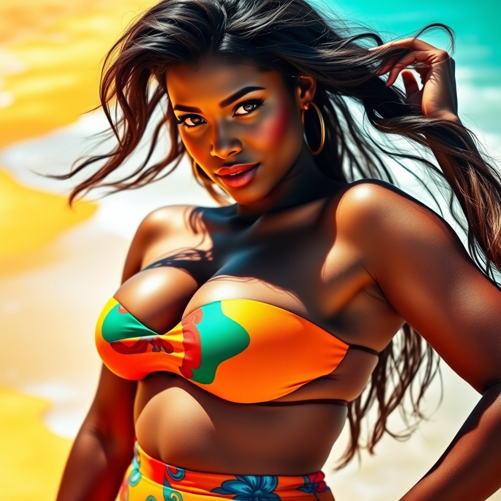 A stunning Brazilian woman with dark skin and voluptuous curves, showcasing her confidence and allure
