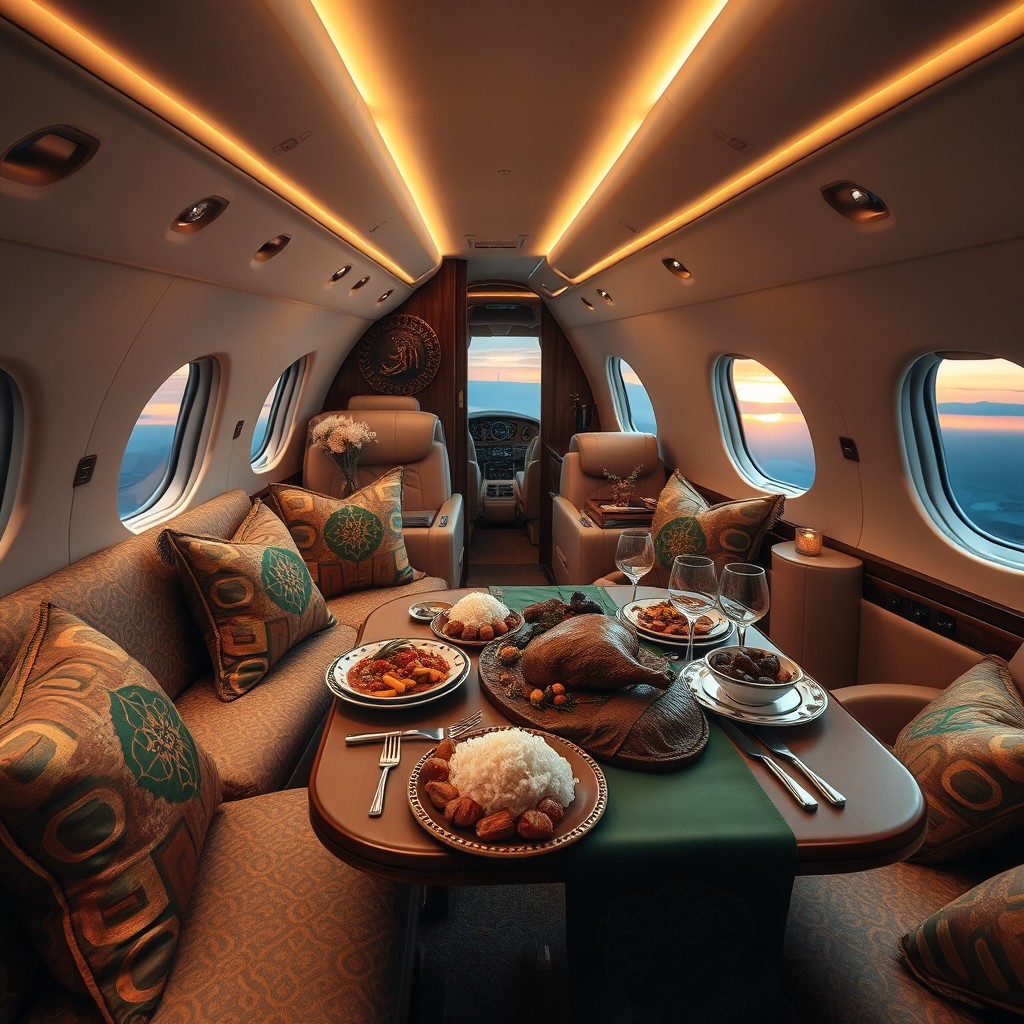 A luxurious private jet with a beautifully decorated interior, styled for Eid Al-Adha celebrations