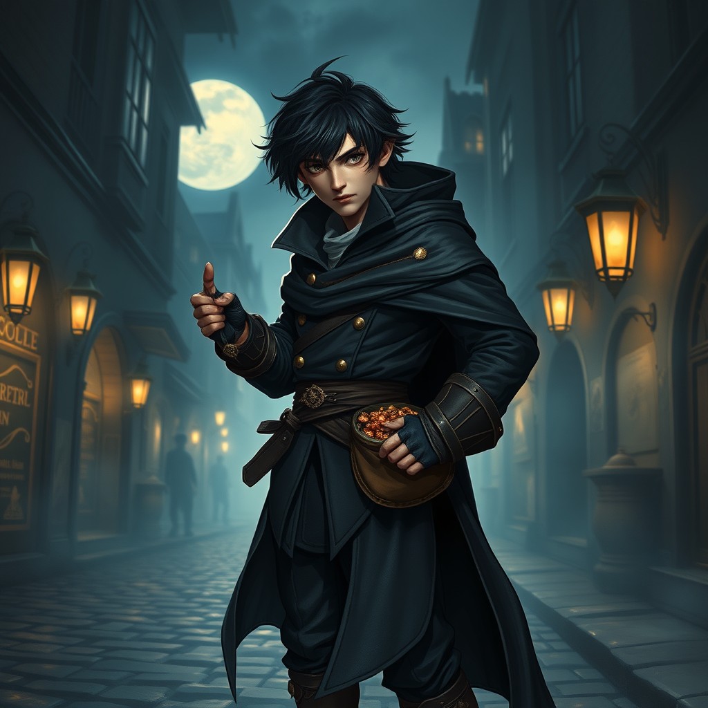 A noble male Halfling Rogue, shrouded in mystery and elegance, stands ready to stealthily navigate the shadows of a moonlit city