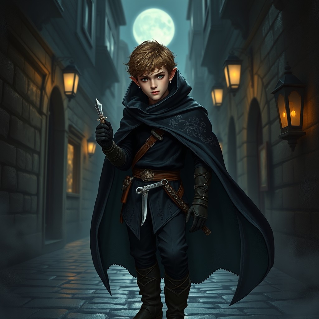 A noble male Halfling Rogue depicted as a mysterious midnight thief, with short, curly hair and sharp green eyes