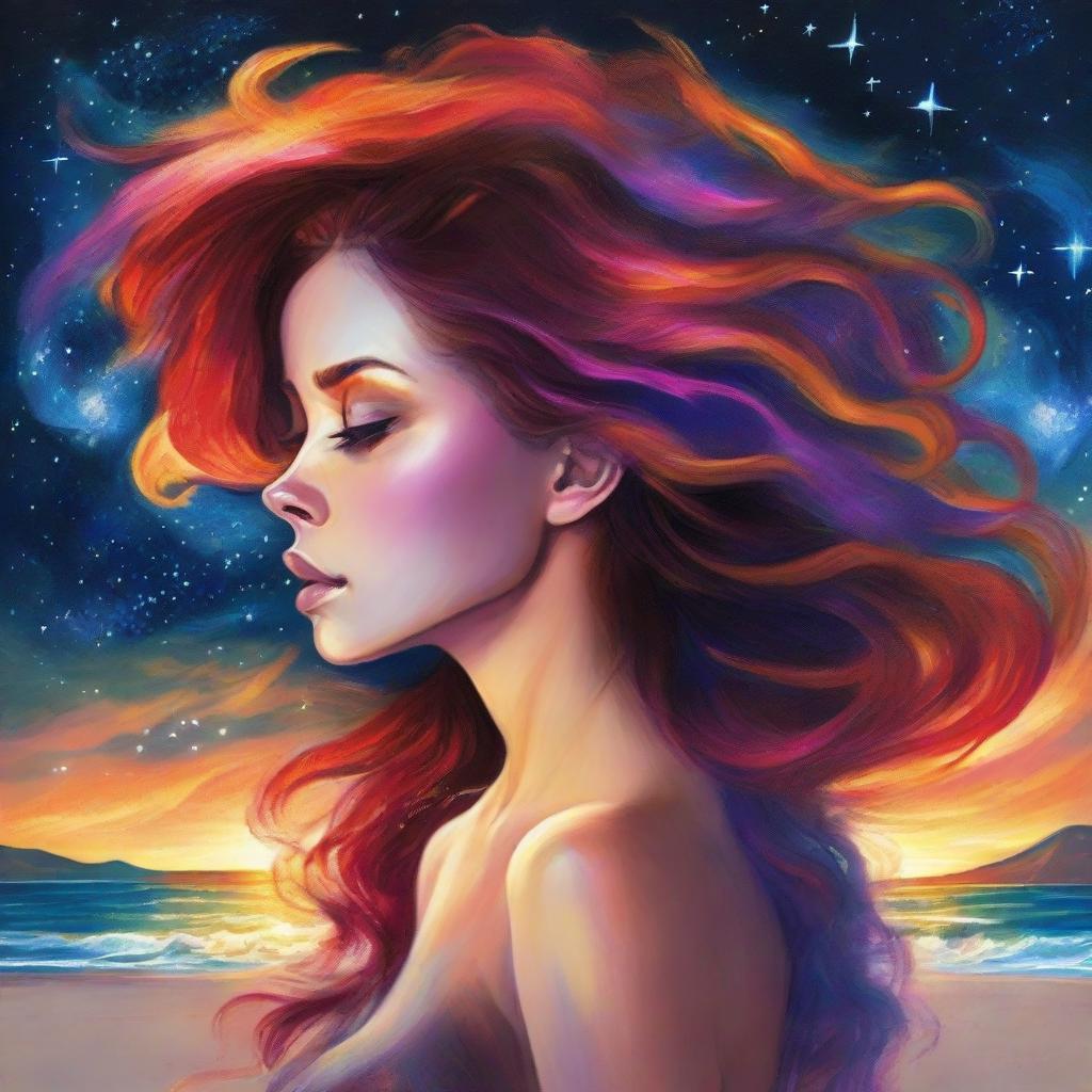 Craft a captivating drawing of a side-profile woman with hair as bright as flames, situated on a beach at sunset, with the spectacle of colliding galaxies painting the sky.