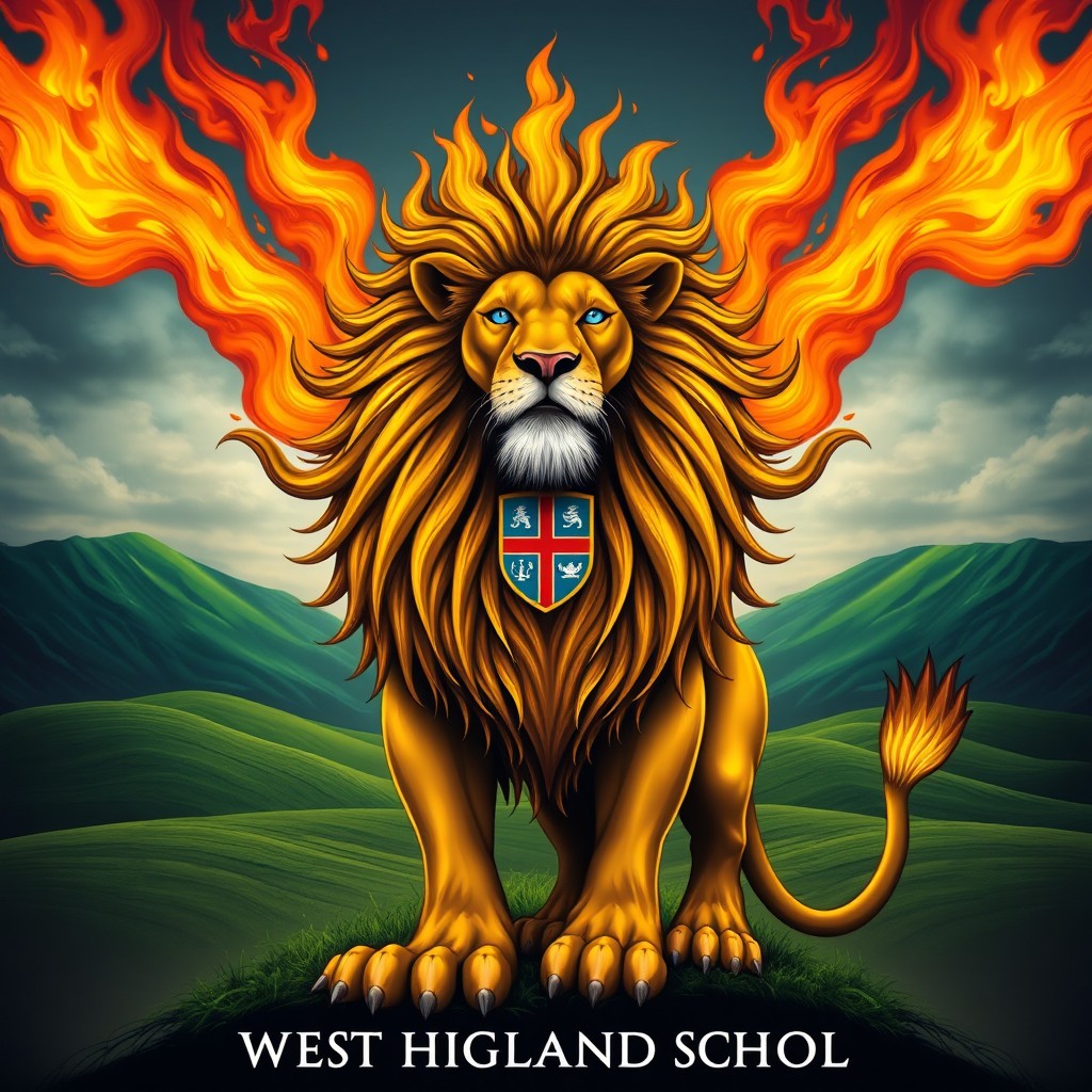 A majestic lion representing the West Highland School, featuring an elaborate mane that resembles flames, creating an impressive and fiery aura around its head